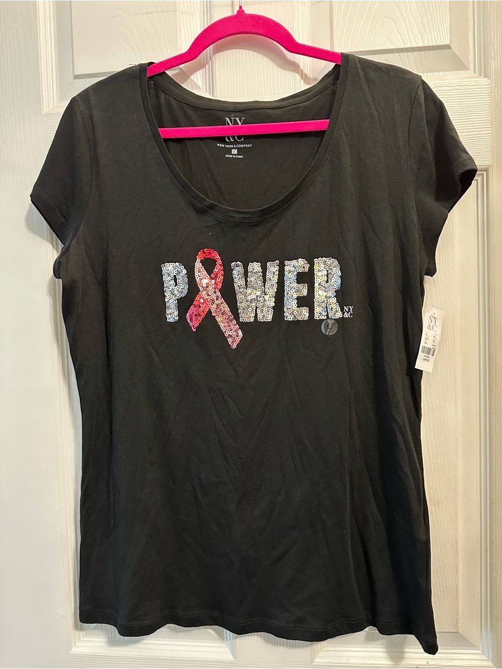 New York & Company Black Short-Sleeve Sequin POWER Tee with Pink Ribbon